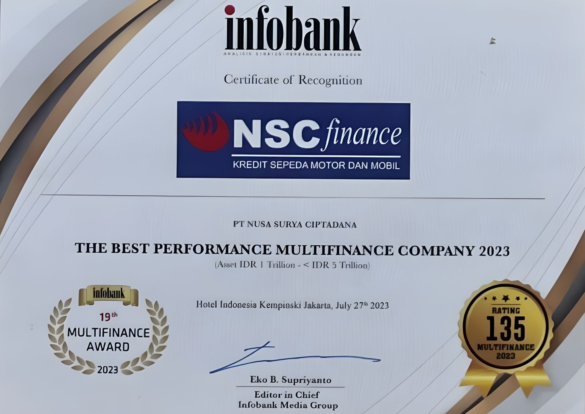 The 19th infobank Multifinance Awards: PT Nusa Surya Ciptadana as The Best Performance Multifinance Company (Assets IDR 1 Trillion - < IDR 5 Trillion)