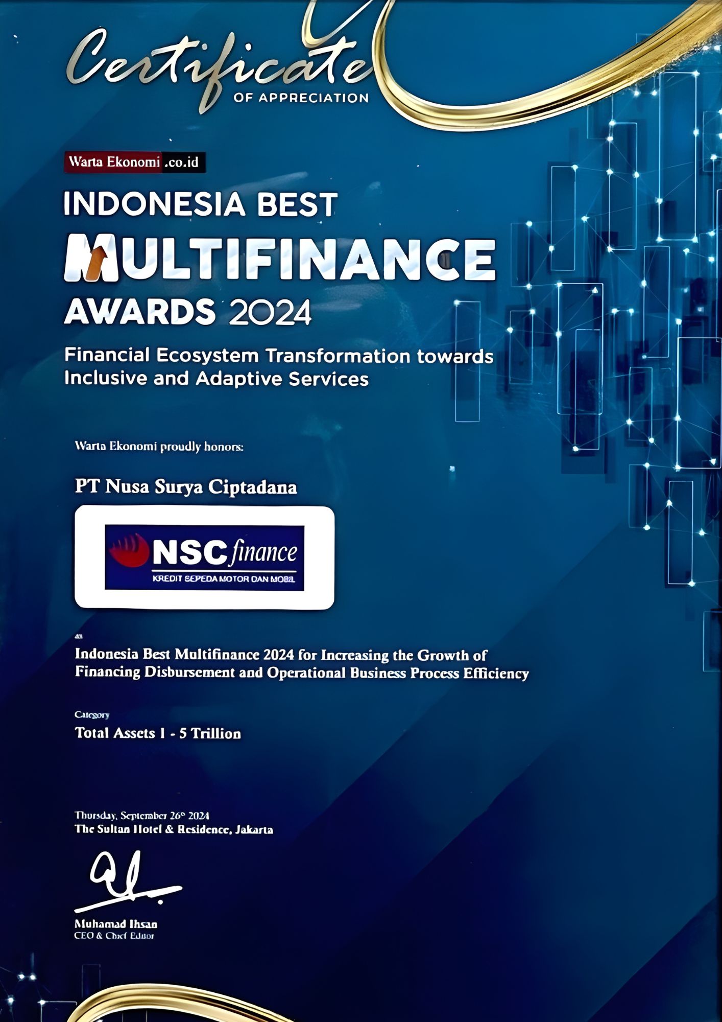 Warta Ekonomi Indonesia Best Multifinance Awards 2024: PT Nusa Surya Ciptadana as Indonesia Best Multifinance 2024 for Increasing the Growth of Financing Disbursement and Operational Business Process Efficiency (Assets 1 - 5 Trillion)