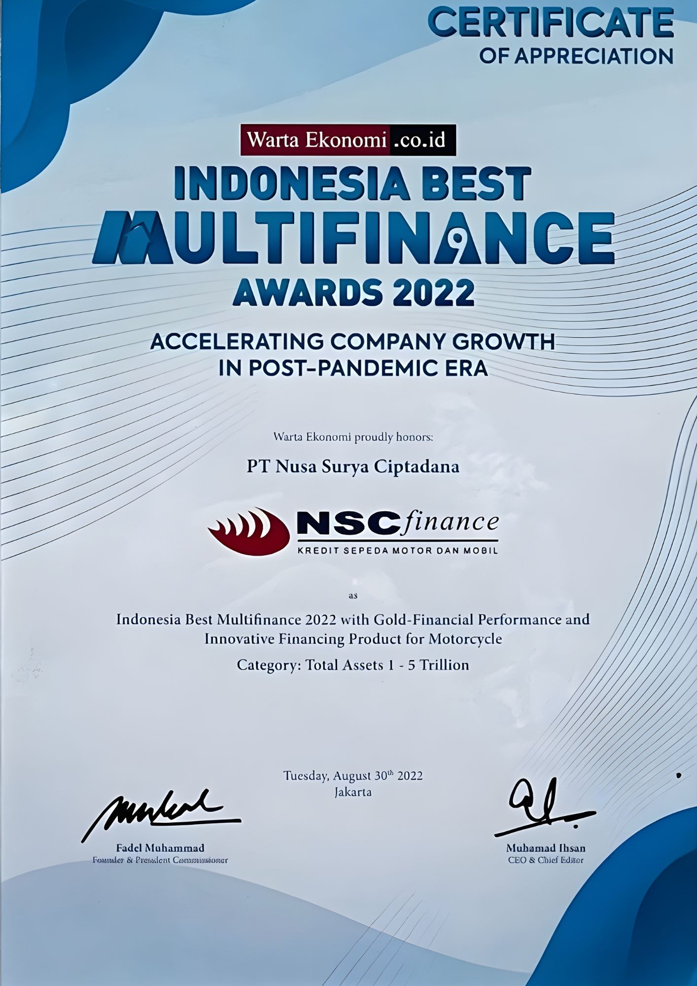 Warta Ekonomi Indonesia Best Multifinance Awards 2022: PT Nusa Surya Ciptadana as Indonesia Best Multifinance 2022 with Gold-Financial Performance and Innovatiove Financing Product for Motorcycle (Assets 1 - 5 Trillion)