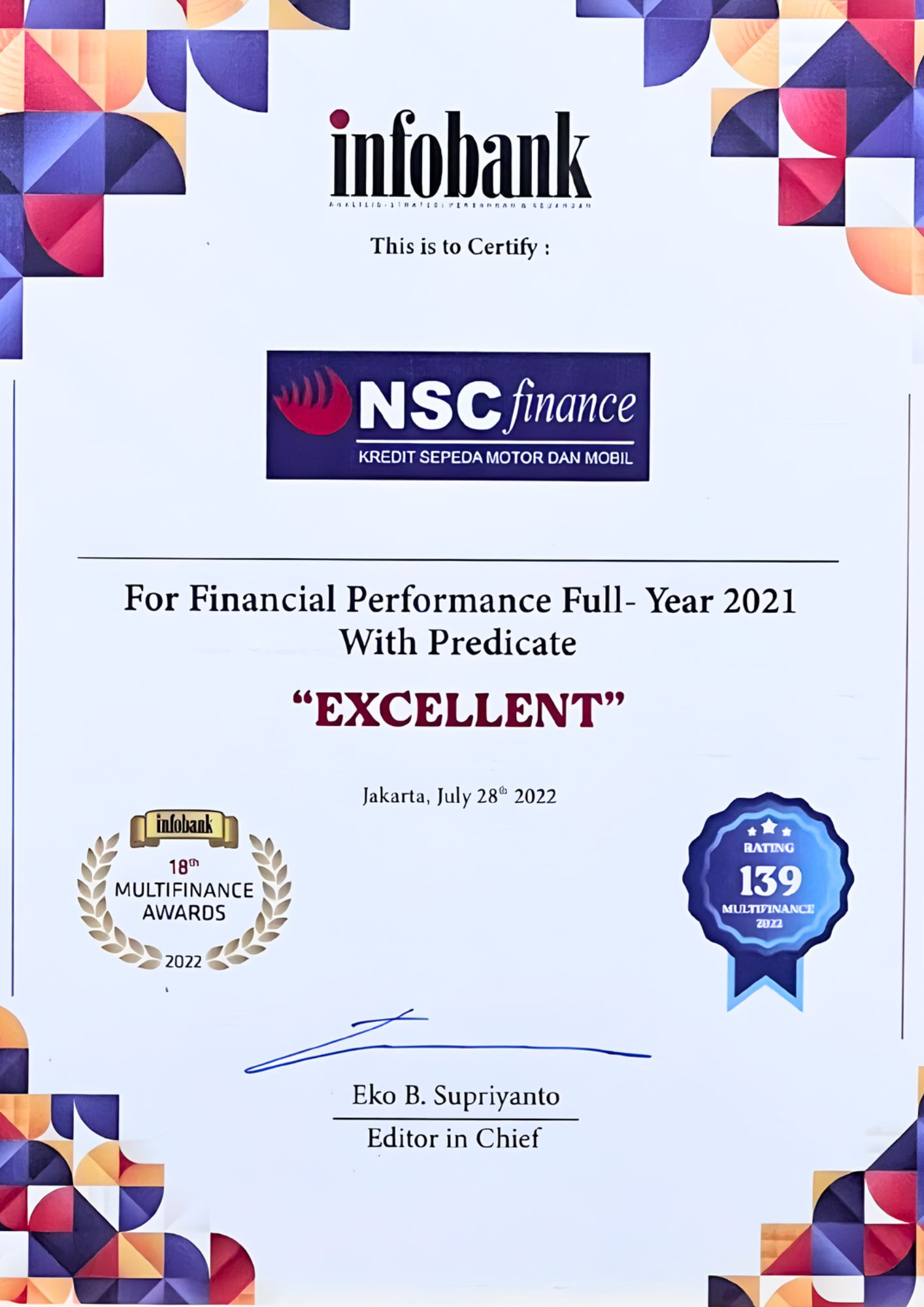 The 18th infobank Multifinance Awards: PT Nusa Surya Ciptadana for Financial Performance Full-Year 2021 with Predicate "EXCELLENT"